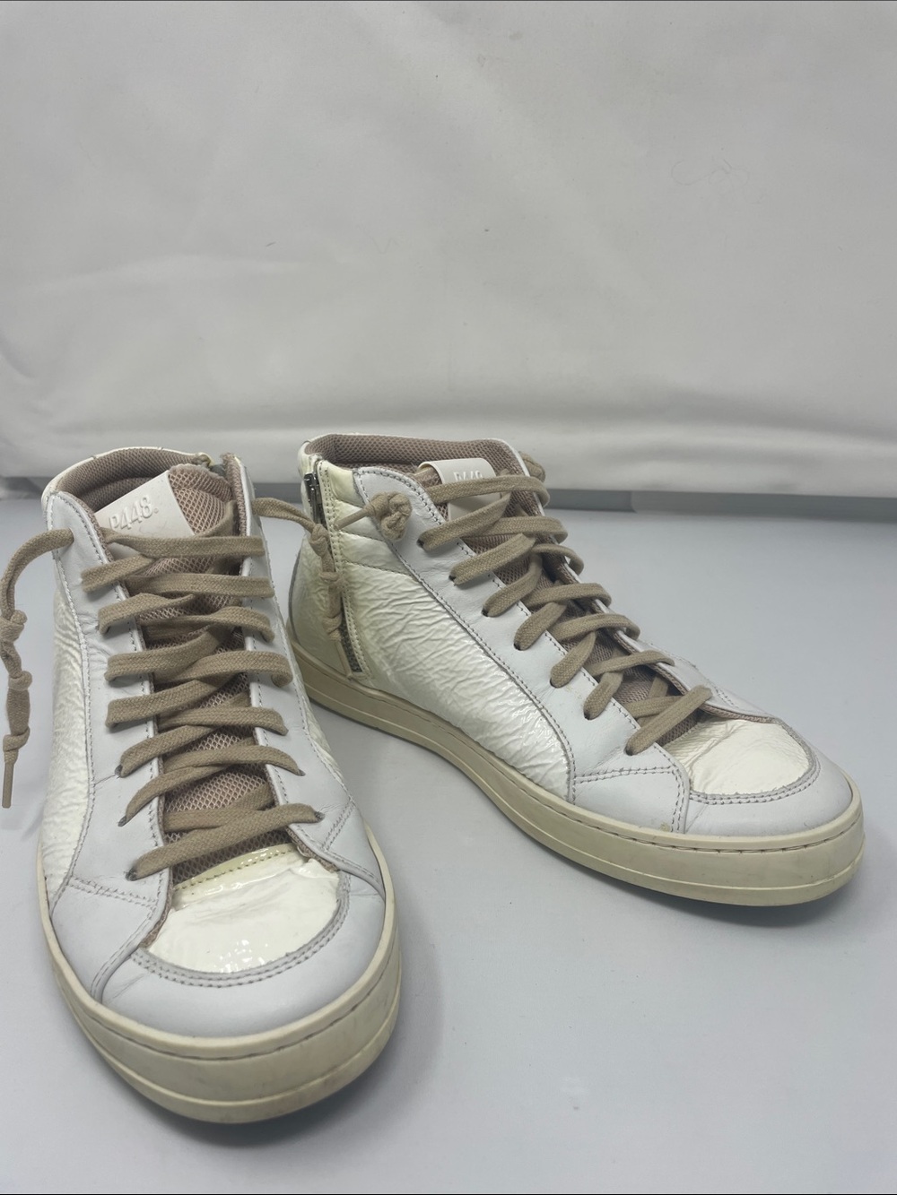 P448 White Leather High-Top Sneakers with Taupe Laces Size 8.5